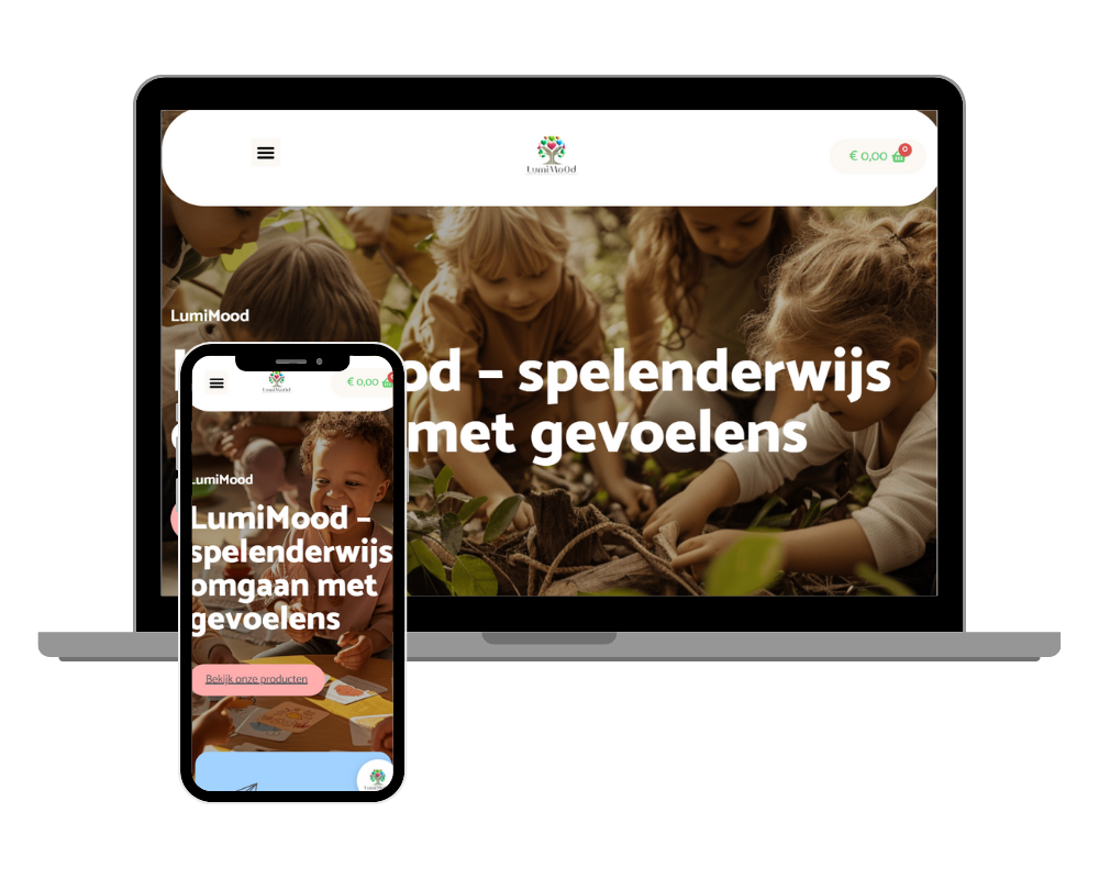 Responsief webdesign voor LumiMood.nl op laptop en smartphone, met kinderen spelend in de natuur en emotiekaarten op tafel.