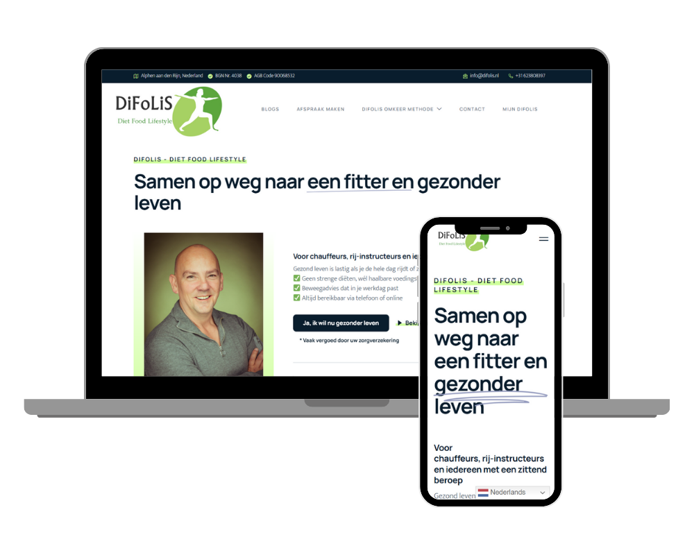 Responsief webdesign voor DiFoLiS.nl op laptop en smartphone, met focus op gezonde leefstijl voor chauffeurs en mensen met een zittend beroep.