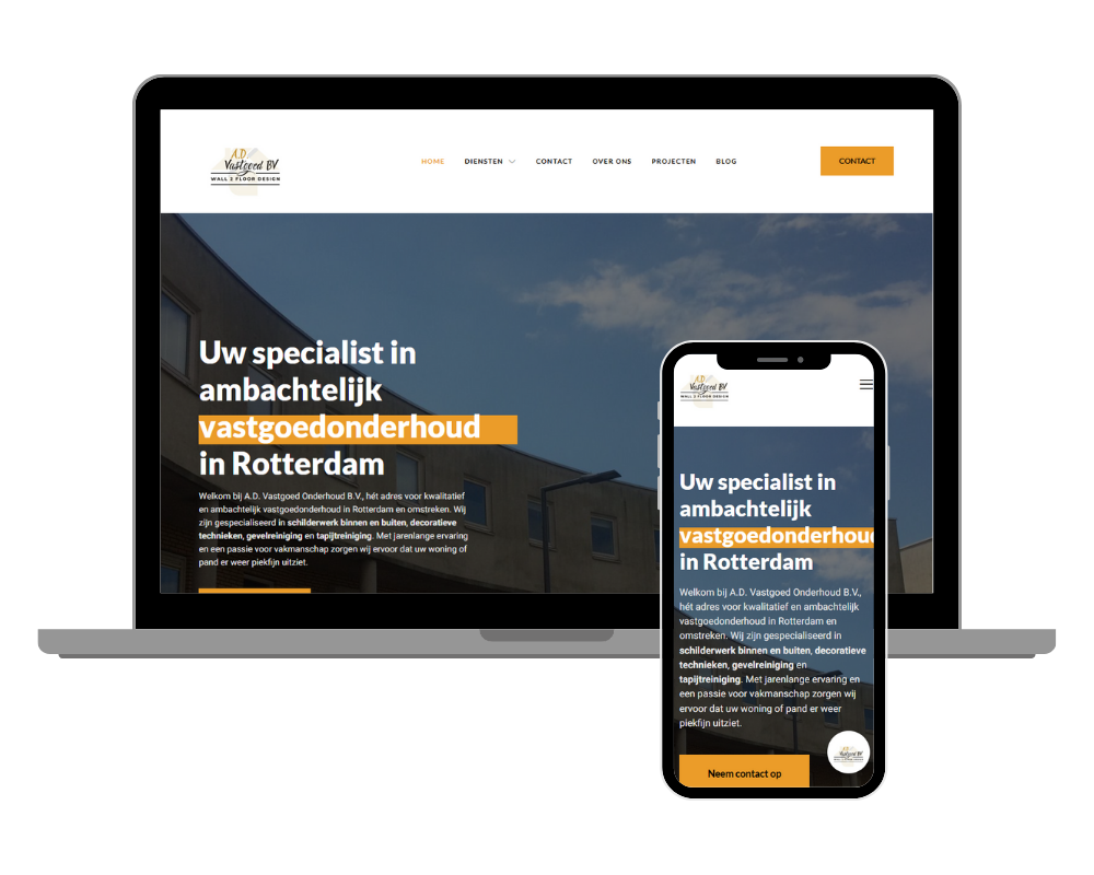 Responsief webdesign voor A.D. Vastgoed Onderhoud B.V. op laptop en smartphone, met focus op vastgoedonderhoud in Rotterdam.
