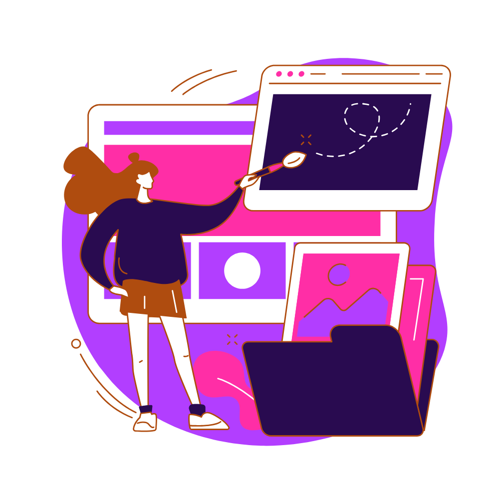 Illustratie van een vrouwelijke webdesigner die een website ontwerpt met kleurrijke schermen en mappen op de achtergrond.