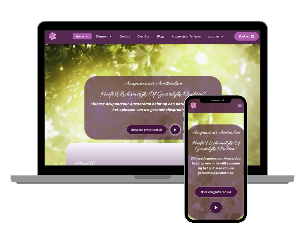 Screenshot van de responsive website van Avicenna Acupunctuur, getoond op laptop en mobiel, met paarse en groene kleuren en een call-to-action knop “Boek een gratis consult”.