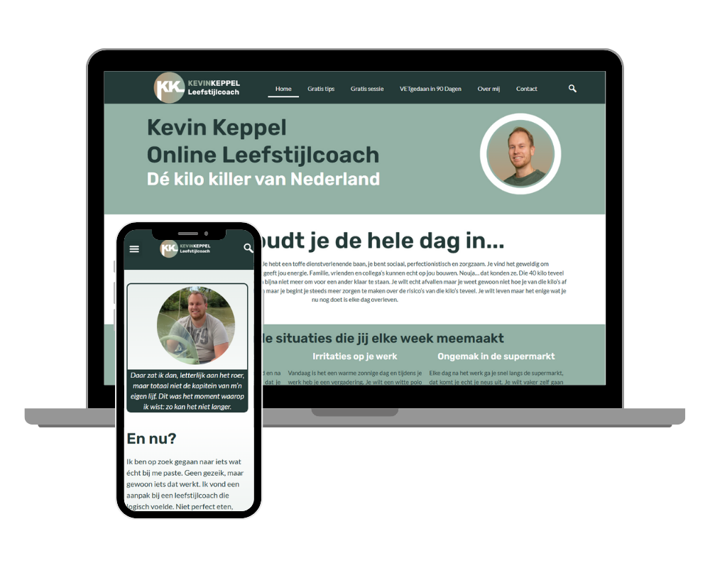 Website-ontwerp Kevin Keppel leefstijlcoach getoond op laptop en smartphone