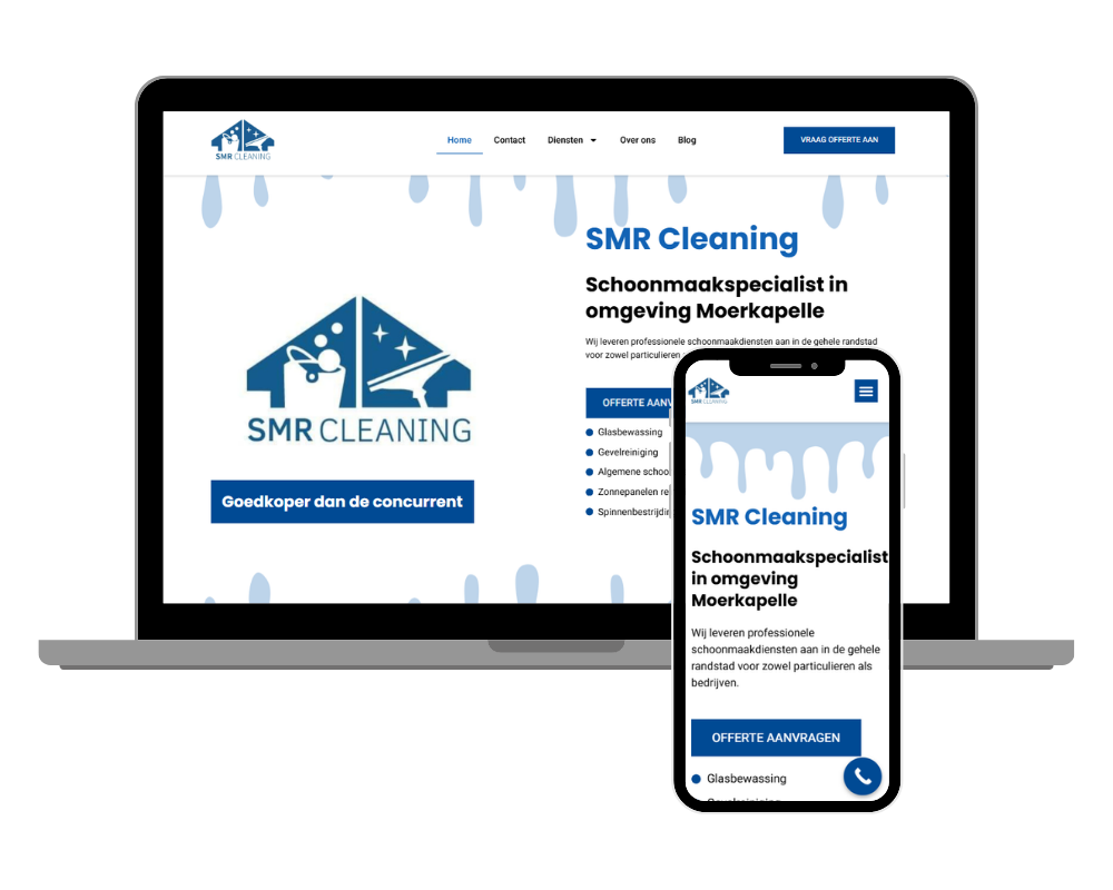 Responsief webdesign voor SMR Cleaning op laptop en smartphone, schoonmaakspecialist in Moerkapelle.