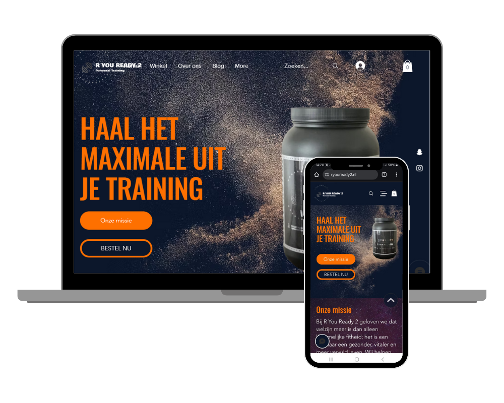 Screenshot van de website van R You Ready 2 op laptop en mobiel, met oranje call-to-actions, een grote proteïnepot en de slogan “Haal het maximale uit je training”.