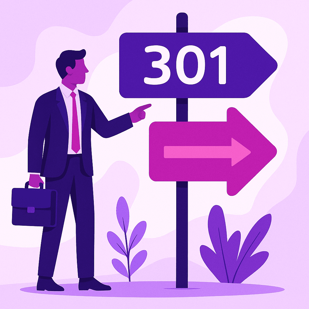 Zakelijke illustratie die 301 direct helder visualiseert, zonder tekst of logo | Ploko.nl