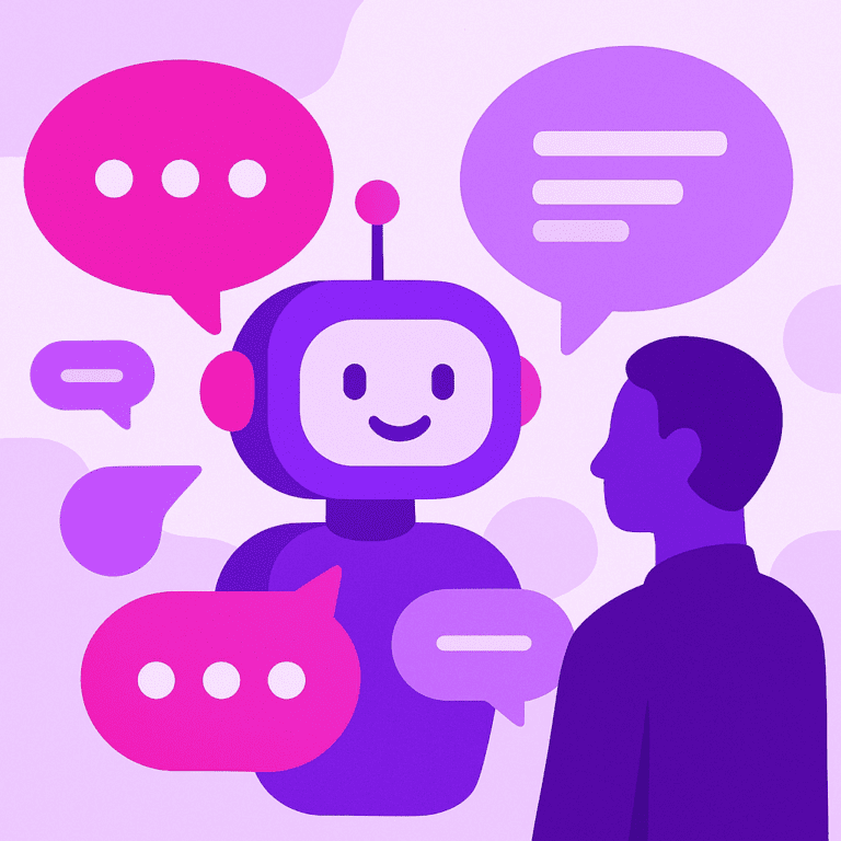 Zakelijke illustratie die AI chatbots helder visualiseert, zonder tekst of logo | Ploko.nl