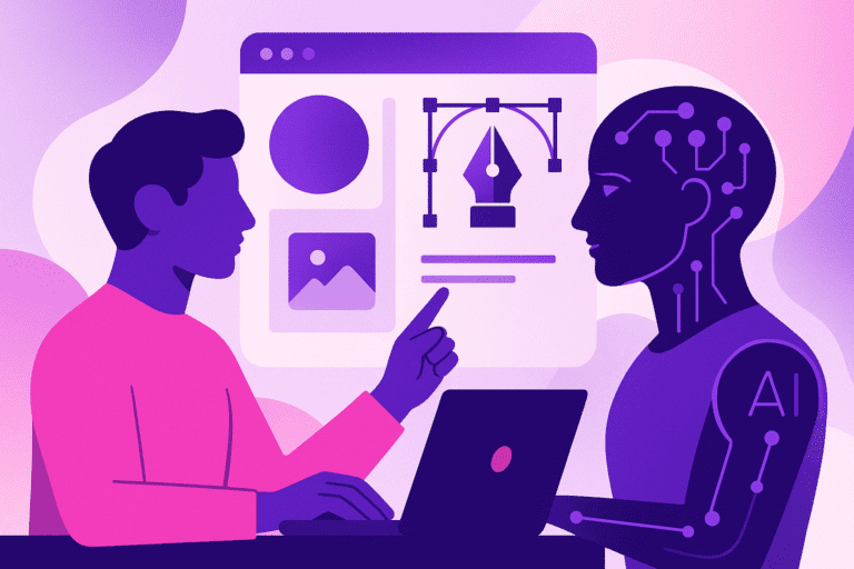 Illustrazione aziendale che visualizza chiaramente il design guidato dall'IA, senza testo o logo | Ploko.nl