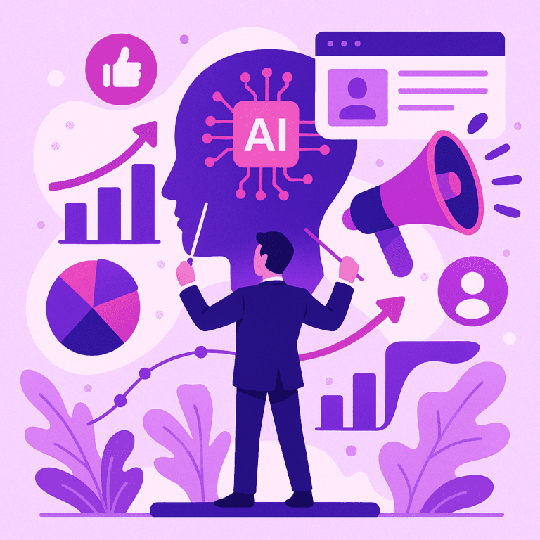 Zakelijke illustratie die AI-gedreven marketing helder visualiseert, zonder tekst of logo | Ploko.nl