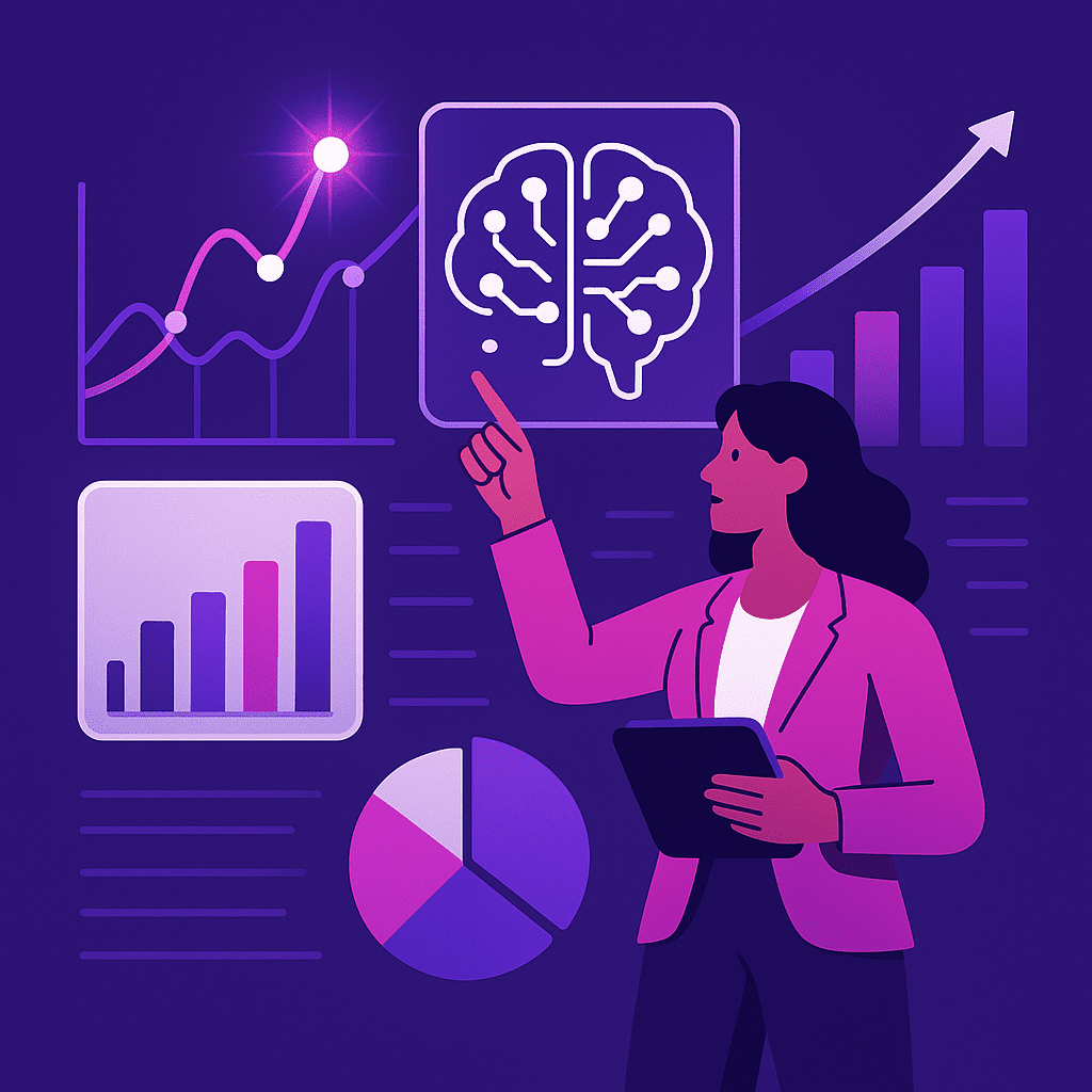 Zakelijke illustratie die AI Insights helder visualiseert, zonder tekst of logo | Ploko.nl