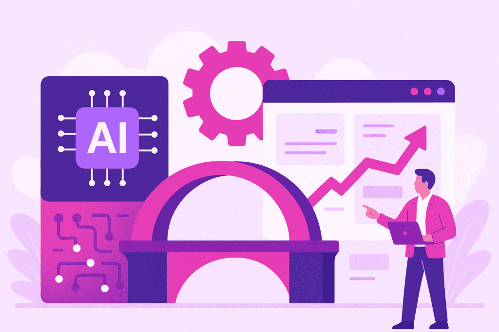 Illustrazione aziendale che visualizza chiaramente l'ottimizzazione web AI, senza testo o logo | Ploko.nl