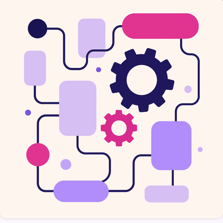 Illustrazione commerciale che visualizza chiaramente i flussi di lavoro automatizzati, senza testo o logo | Ploko.nl