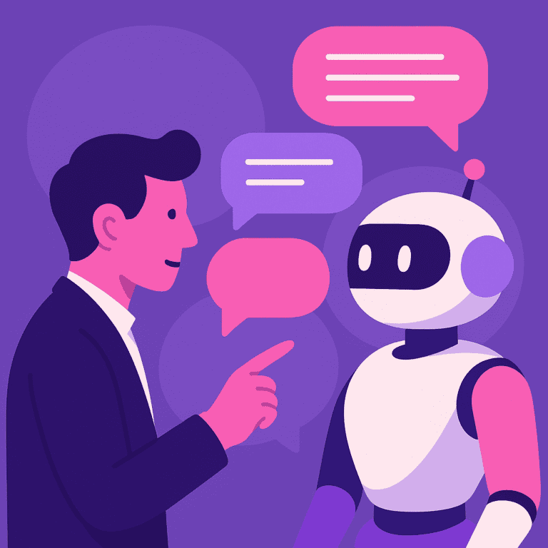 Illustrazione aziendale che visualizza chiaramente l'IA conversazionale, senza testo o logo | Ploko.nl