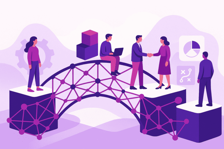 Zakelijke illustratie die Digitale transformatie helder visualiseert, zonder tekst of logo | Ploko.nl