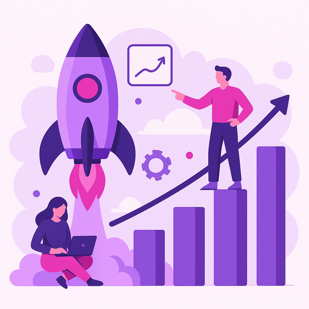Zakelijke illustratie die Growth Hacking helder visualiseert, zonder tekst of logo | Ploko.nl