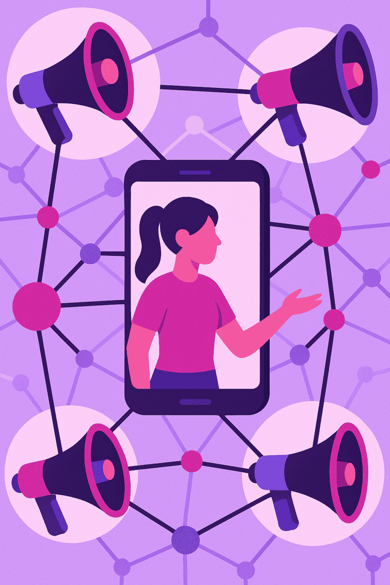 Illustrazione aziendale che visualizza chiaramente il marketing di influencer, senza testo o logo | Ploko.nl