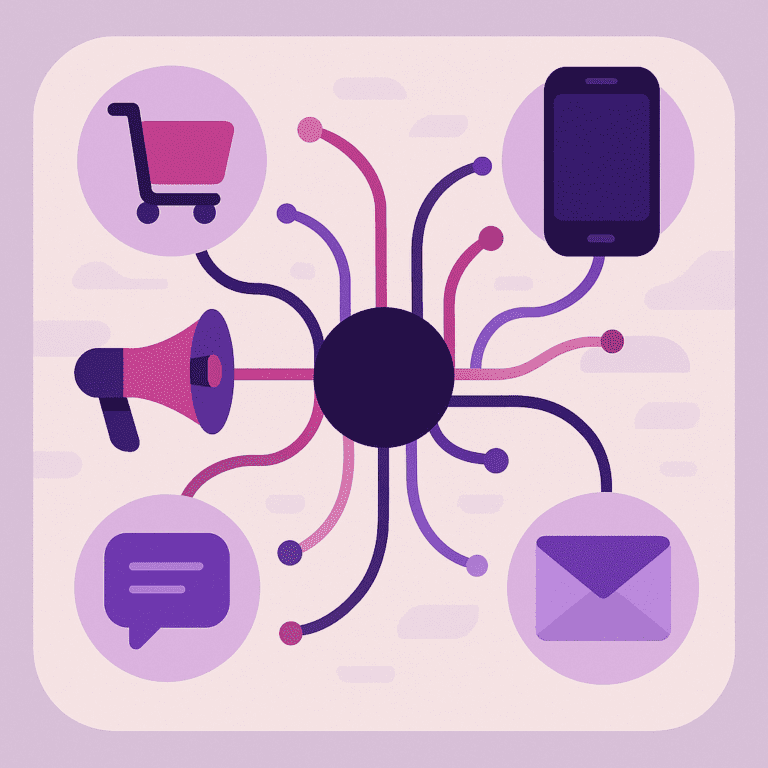 Zakelijke illustratie die Omnichannel Marketing helder visualiseert, zonder tekst of logo | Ploko.nl