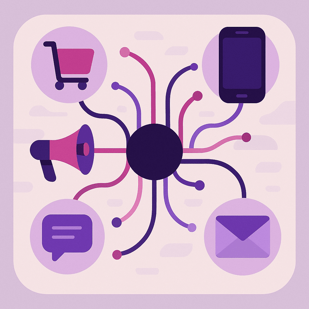 Zakelijke illustratie die Omnichannel Marketing helder visualiseert, zonder tekst of logo | Ploko.nl