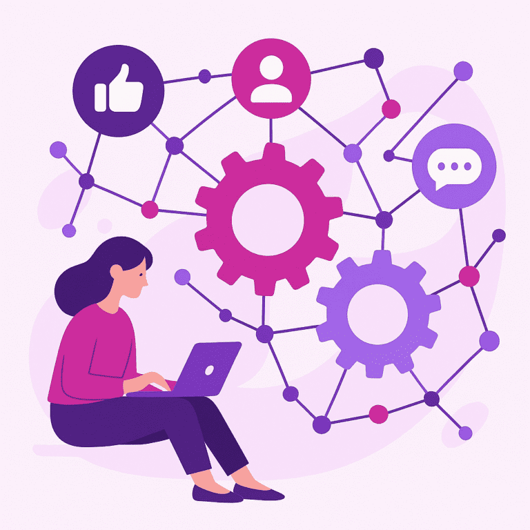 Illustrazione aziendale che visualizza chiaramente l'automazione dei social media senza testo o logo | Ploko.nl