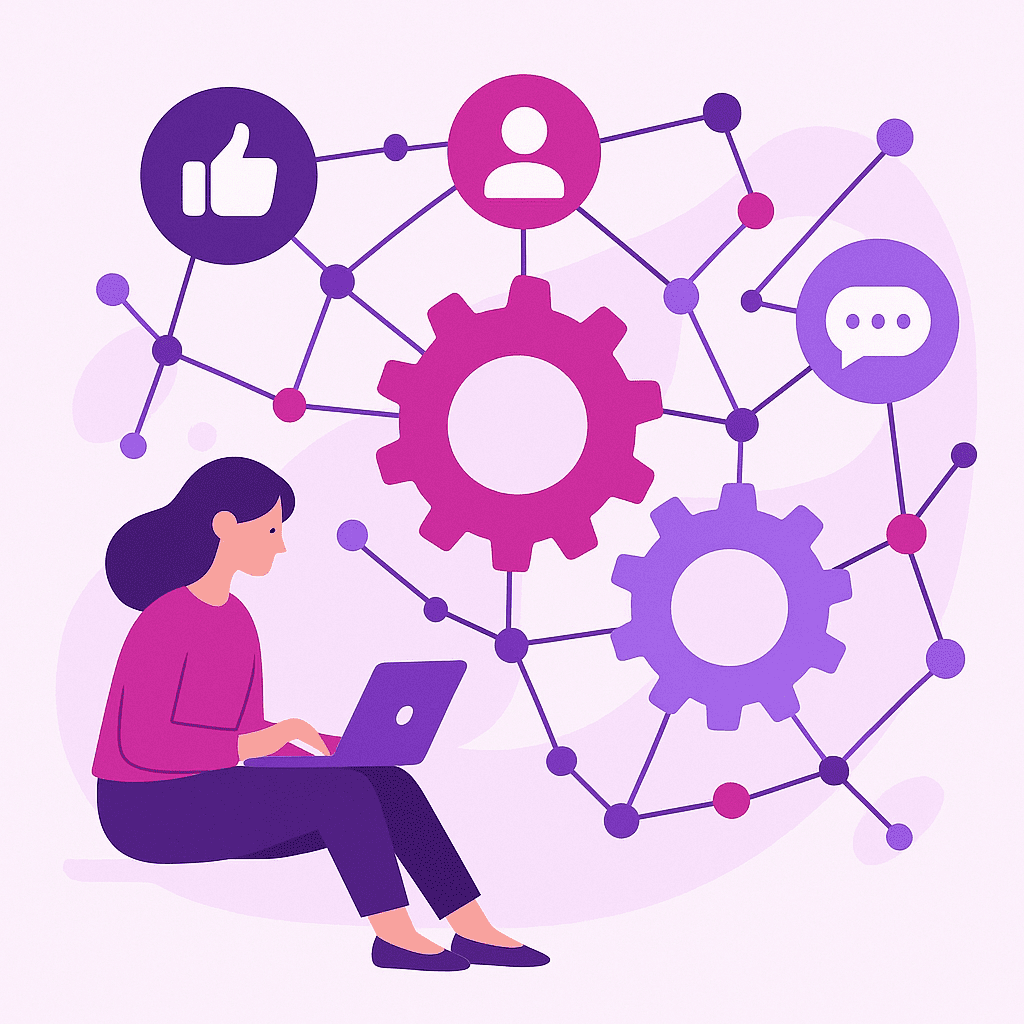 Zakelijke illustratie die Social media automation helder visualiseert zonder tekst of logo | Ploko.nl