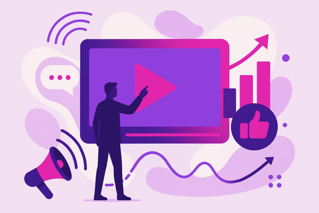 Zakelijke illustratie die videomarketing visualiseert met abstracte elementen in Ploko-huisstijl, zonder tekst of logo | Ploko.nl