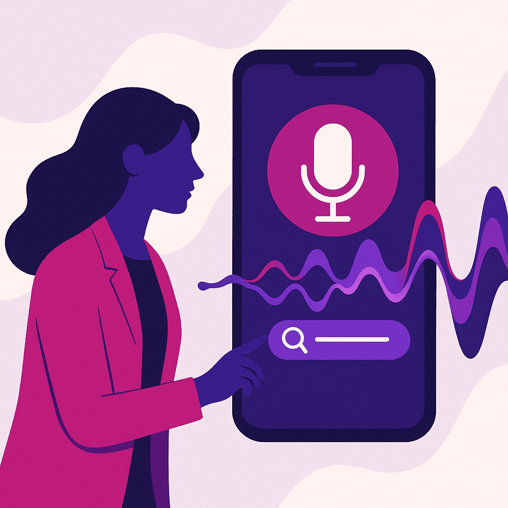 Zakelijke illustratie die Voice zoekoptimalisatie helder visualiseert, zonder tekst of logo | Ploko.nl