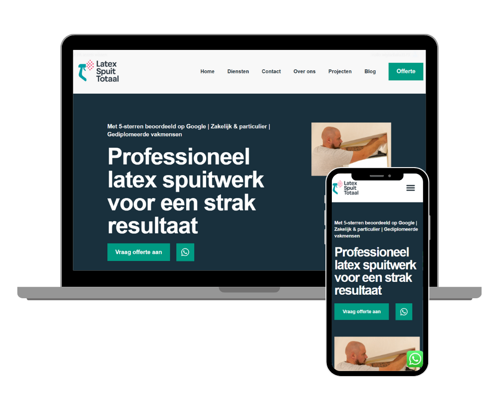 Een afbeelding van een laptop en telefoon met een responsieve website van Latex Spuit Totaal. Ontwerp door Ploko.nl