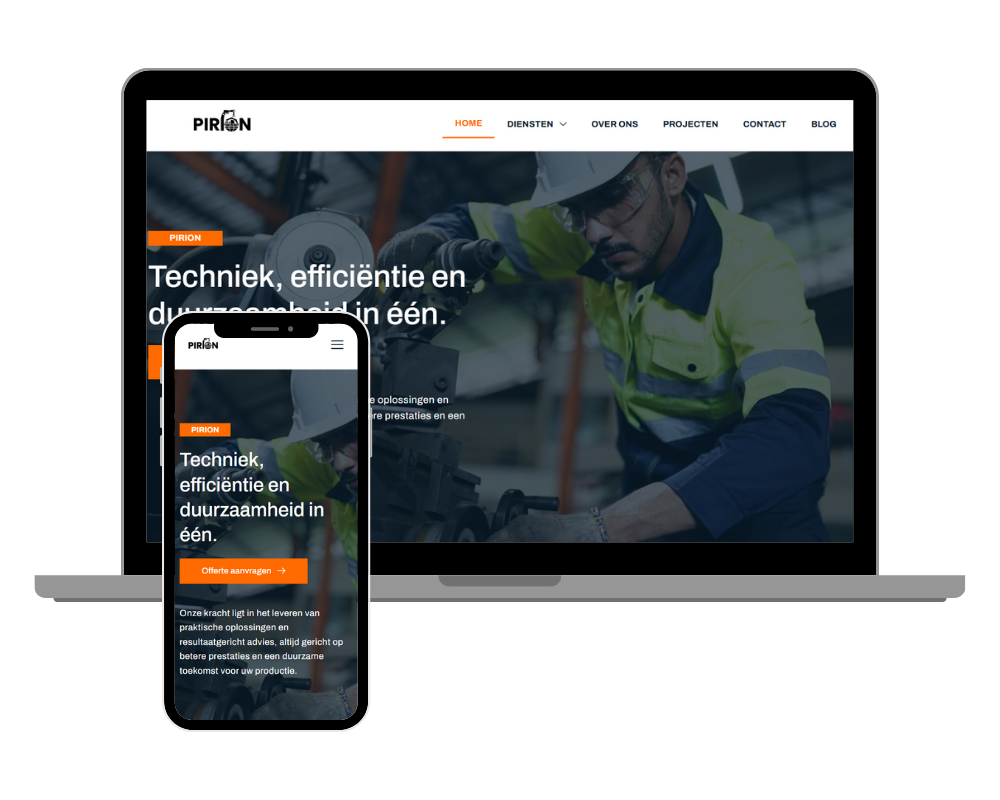Websiteontwerp voor Pirion, ontwikkeld door Ploko.nl met focus op techniek, efficiëntie en duurzaamheid