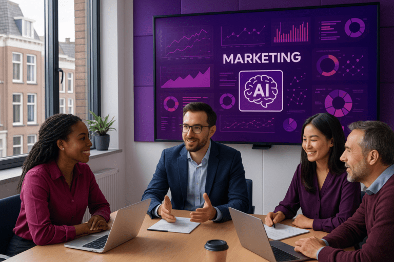 Marketingteam van ploko.nl in vergadering met AI-analytics dashboard op achtergrond