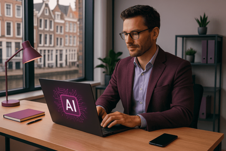 Professioneel werkt aan AI-project in modern kantoor voor ploko.nl webdesign
