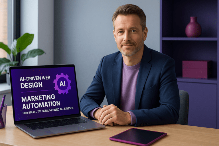Professionele man presenteert AI-driven web design en marketing automation voor ploko.nl