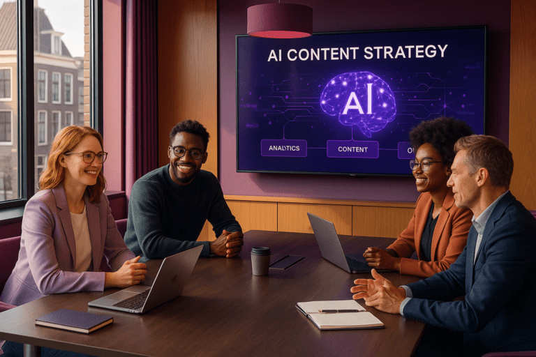 Diverse team bij ploko.nl bespreekt AI Content Strategy met scherm en laptops